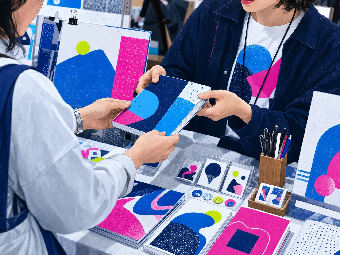 創作者から来場者へオリジナル同人誌を手渡す場面のイラスト